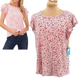 Large - NWT CeCe - Floral Double Ruffle Sleeve Top - Garden Romance